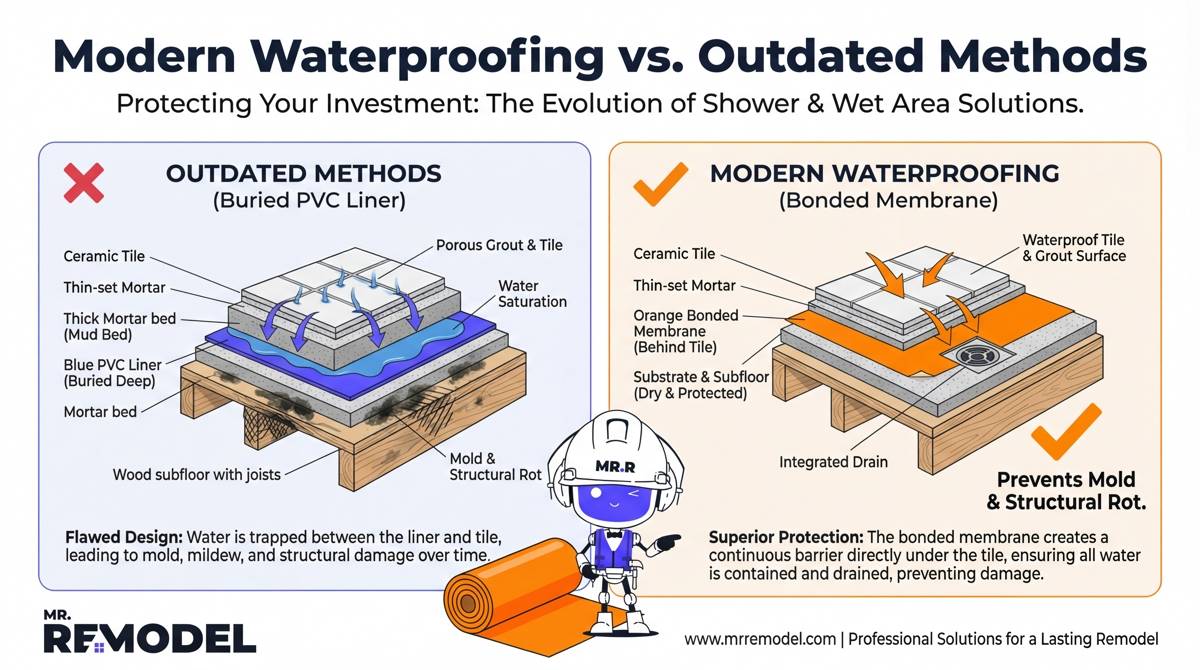 A technical infographic comparing old-fashioned shower pan liners with modern bonded waterproofing membranes, highlighting why modern systems are superior for mold prevention.
